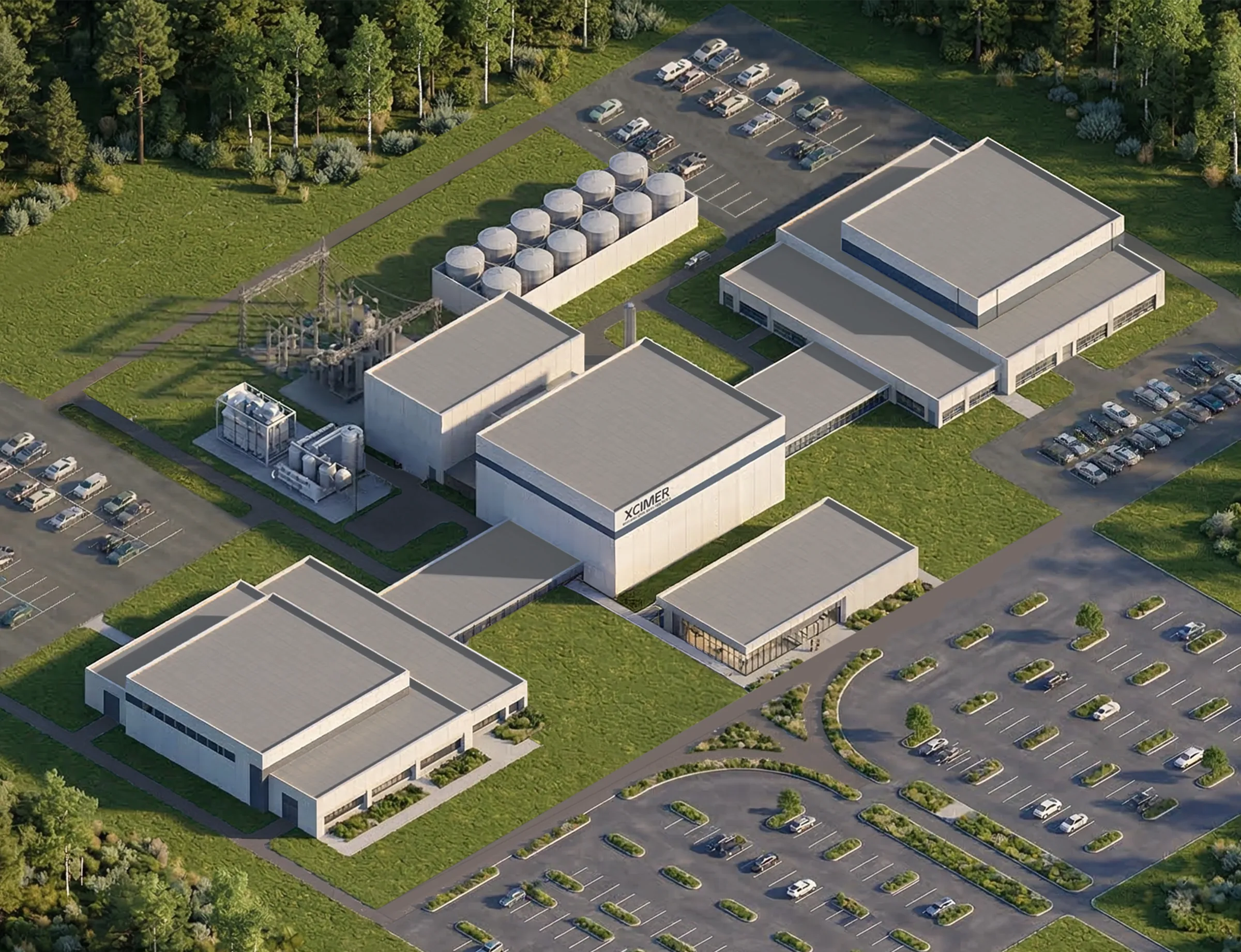 Isometric architectural rendering of Athena, Xcimer’s planned commercial laser fusion power plant.