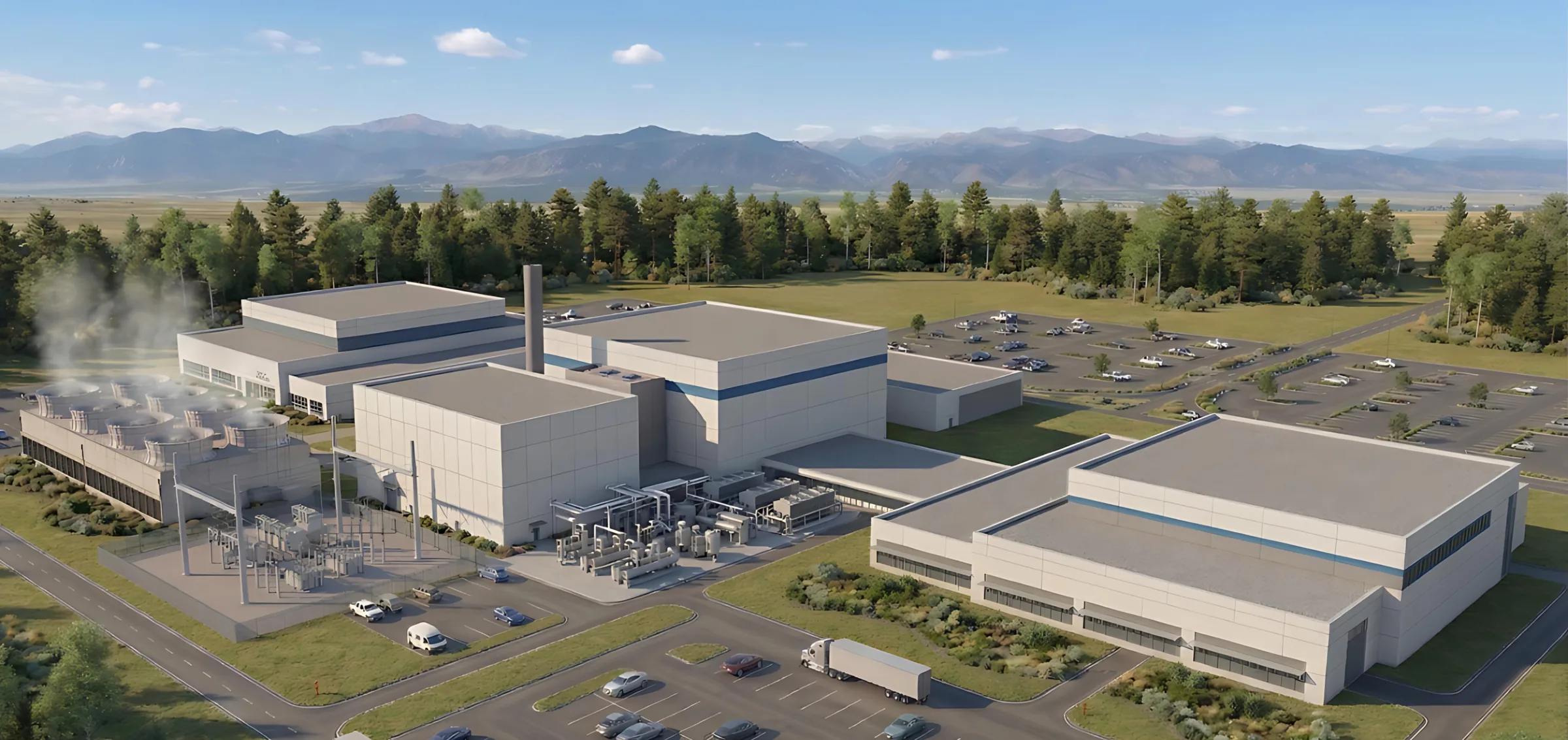 Exterior rear-view architectural rendering of the Athena laser fusion power plant campus.