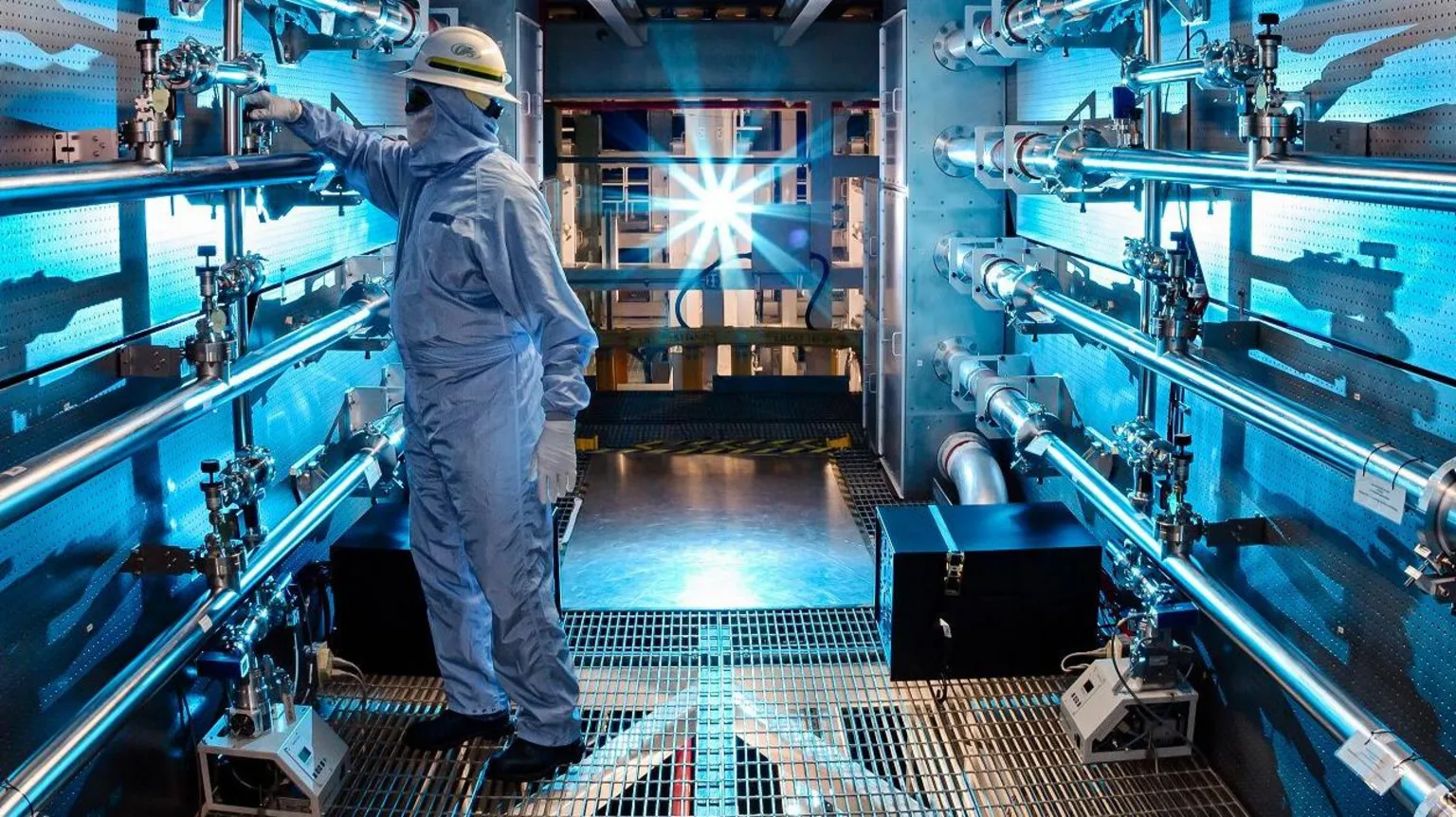 The National Ignition Facility in California uses powerful lasers to spark fusion reactions