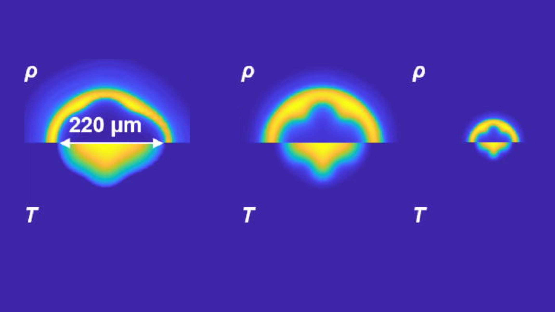 The simulated density and ion temperature of the HDD target at peak compression with alpha deposition (Left) turned on and (Middle) turned off. The symmetry of the implosion is sufficient to ignite the DT fuel with high levels of margin (which will be quantified) and could be further tuned. For context, the same implosion is also shown in (Right) but at the scale of a NIF experiment.